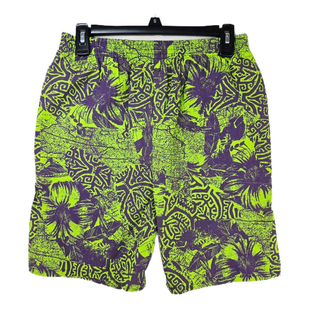 Vintage 90s Surf Gear Floral Neon Cotton Swim Board Shorts Size Medium USA Made